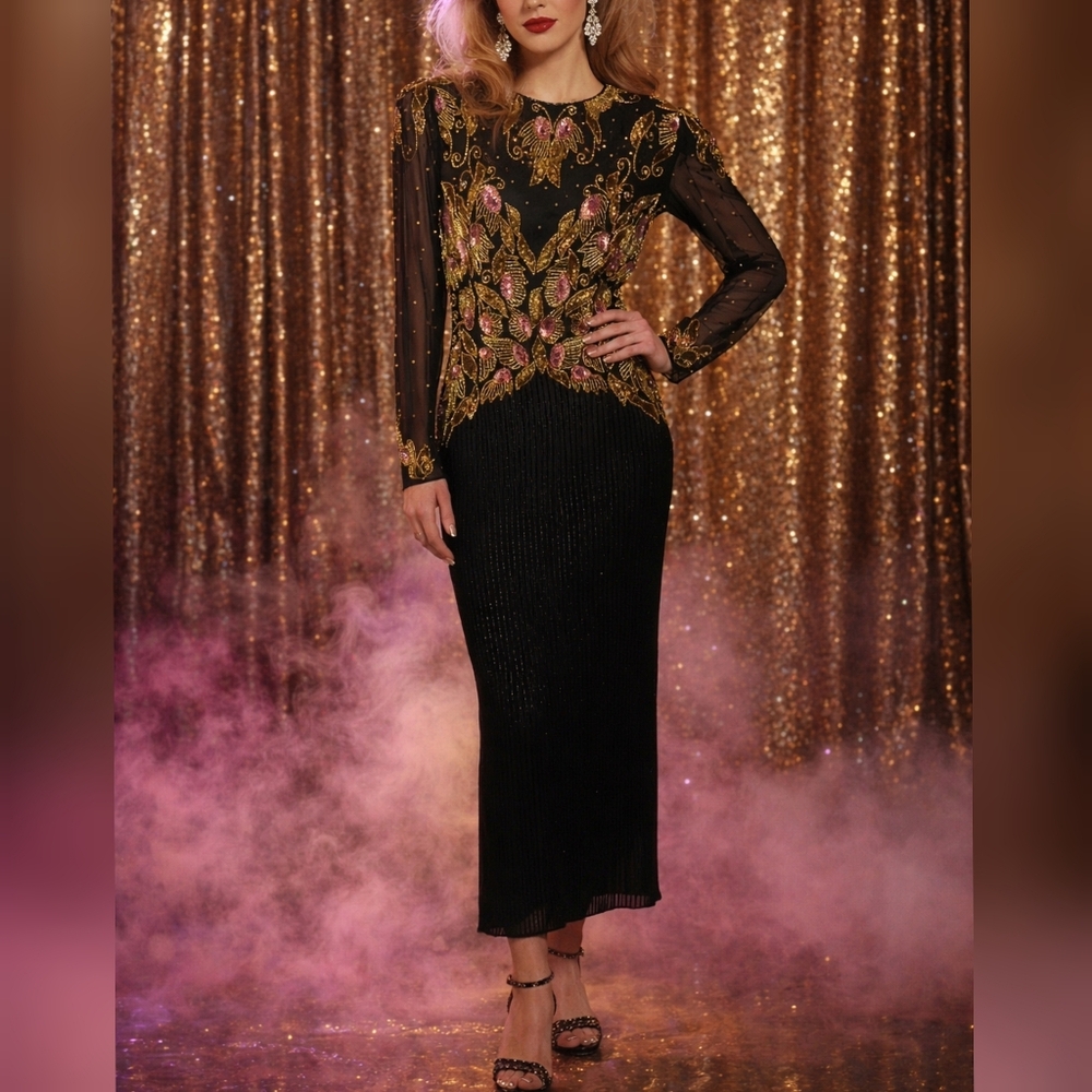 Sequins Originals Vintage 80s Black Silk Beaded Prom Formal Pageant Dress 7/8